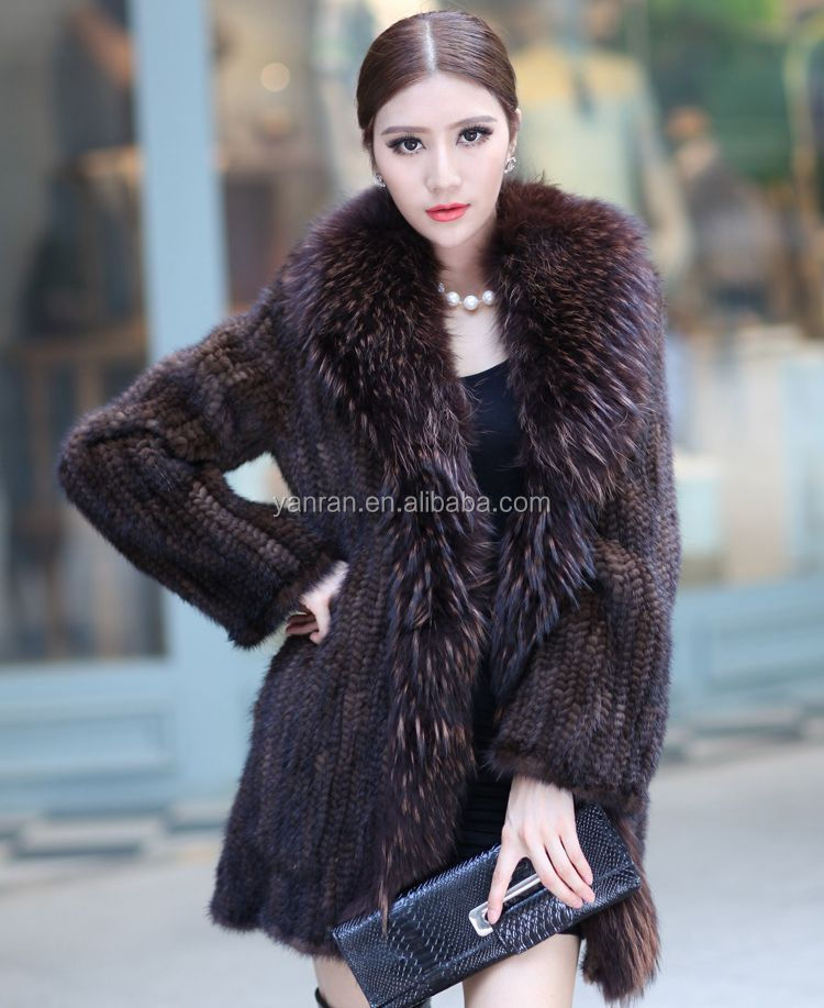女性アライグマの犬とニットyr-712天然ミンクの毛皮コート/女性本物冬の毛皮のコート問屋・仕入れ・卸・卸売り
