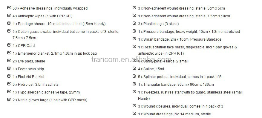 ・屋外tr002旅行応急処置キットリスト専門の応急処置キットポケット付き( ce・iso・fda& tga) が承認された仕入れ・メーカー・工場