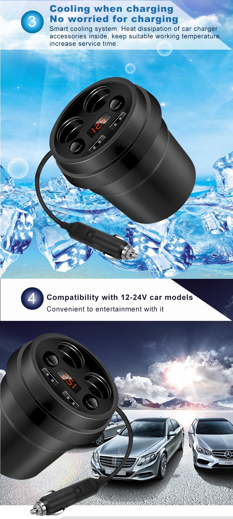 2018 Fashion Multi Ports Usb Car Charger With On Off Switch Led Voltage