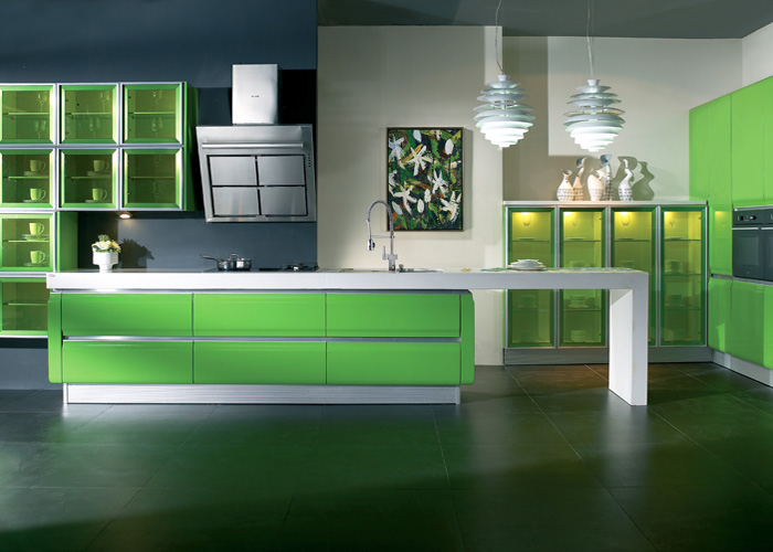 Green Lacquer Handleless Kitchen Cabinet, Green Cabinets