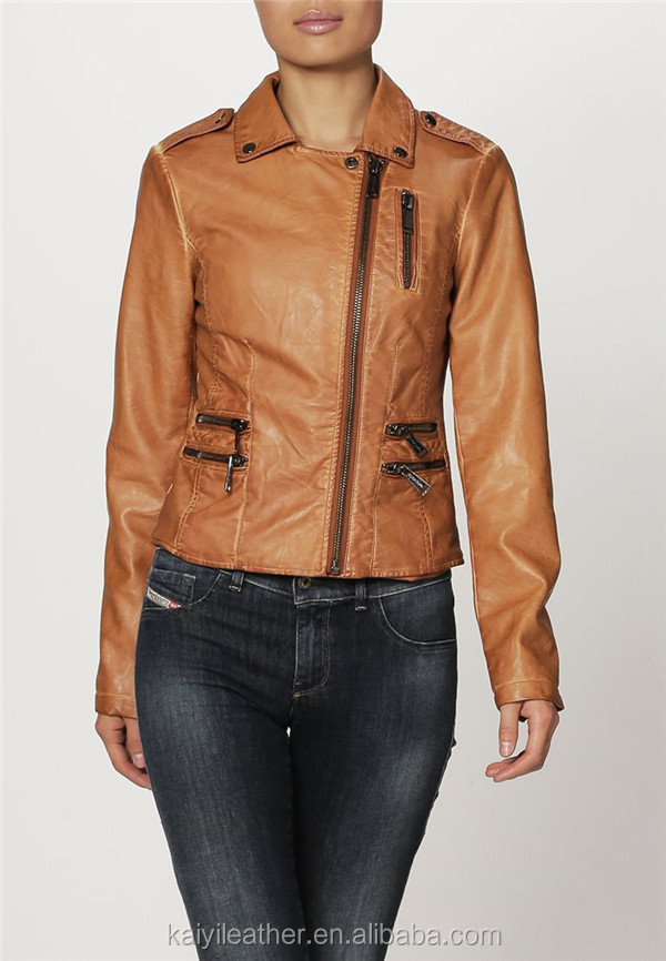 卸売新しいデザイン短い茶色puレザーの女性のジャケットモト問屋・仕入れ・卸・卸売り