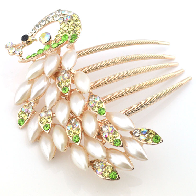 2014 fashion retail peacock Pearl green crystal alloy charm flower wedding bride comb