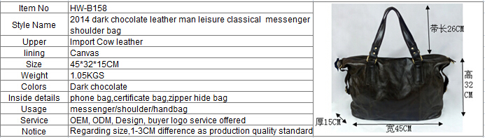 2014 dark chocolate leather man leisure classical messenger shoulder bag