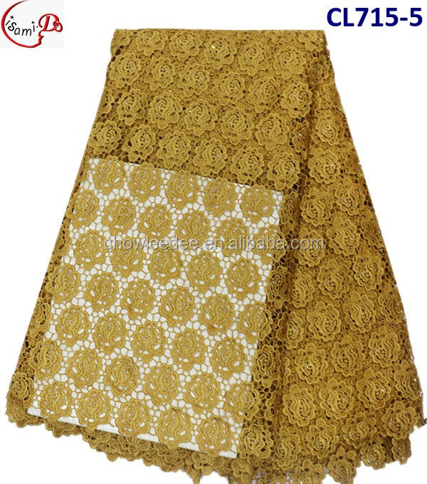 CL715広州工場卸売高品質重い ギピュールレース綿アフリカ ゴールド コード生地石レース用女性ドレス仕入れ・メーカー・工場