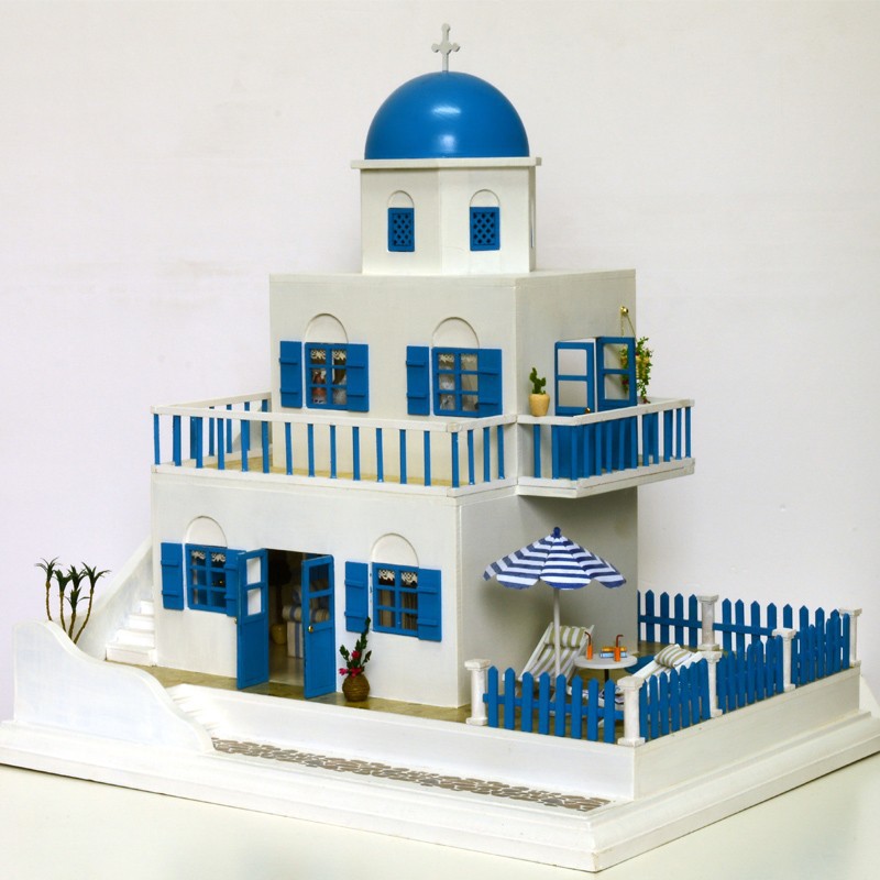 DIY LED LIGHT wooden Dollhouse miniatures Greece house sweet trip kit