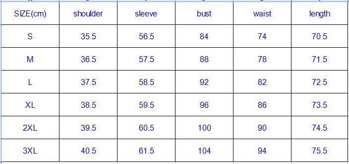 SIZE CHART long