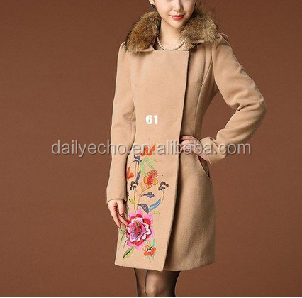 新しい来る2014年高級ブランドカジュアルコート刺繍生き抜く女性暖かいウールのコート毛皮の襟を持つ問屋・仕入れ・卸・卸売り