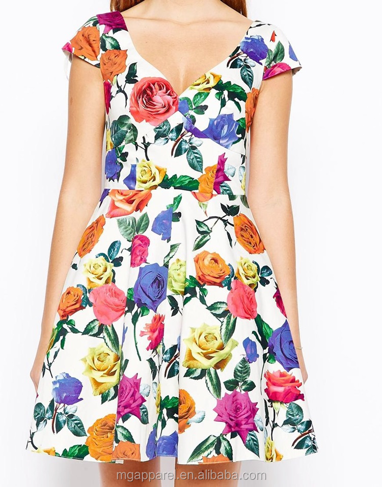 中国のoemディープvネックセクシーなウェディングドレスフィットとフレアのドレスは、 ドレスを印刷したバルドーマルチカラーの花柄ドレス仕入れ・メーカー・工場