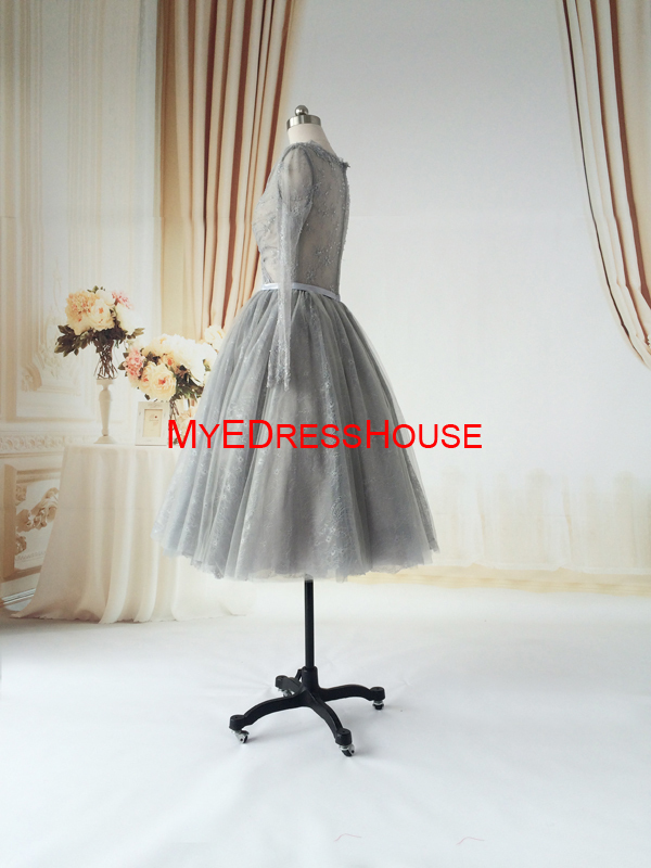 Md15062015myedresshouseによって人気のディープv- ネック長袖イスラム教のふくらはぎ丈銀ビーズのレースのカクテルドレス仕入れ・メーカー・工場