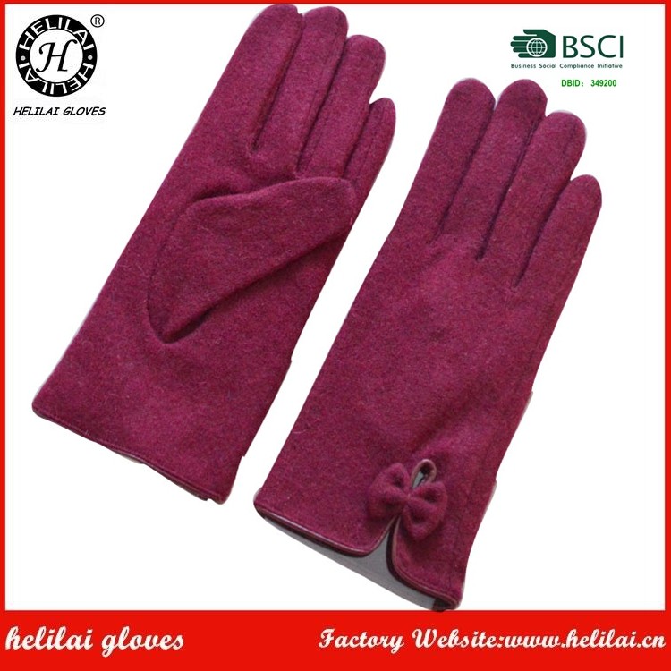 helilaiウールの手袋、 赤の女性のウールの手袋でおじぎを冬の手袋仕入れ・メーカー・工場
