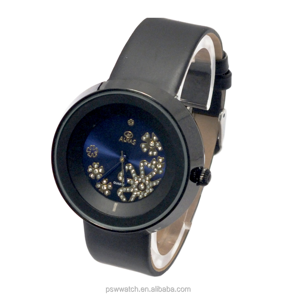 unique design black geneva flower watch lady fashion watch lady leather watch