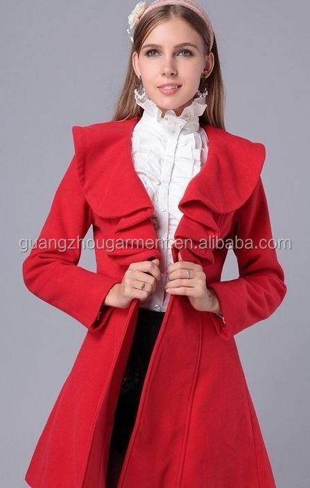 新しいファッション女性秋冬生き抜くフリルスリムフィットウール製コート冬のコート中国安い価格問屋・仕入れ・卸・卸売り