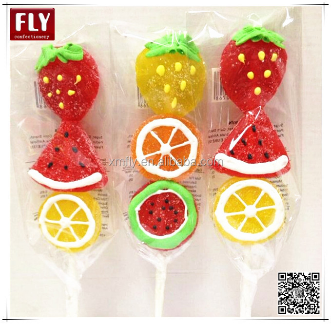 Fruit shapes Halal pectin sweets candy stick jelly candy lollipop,China