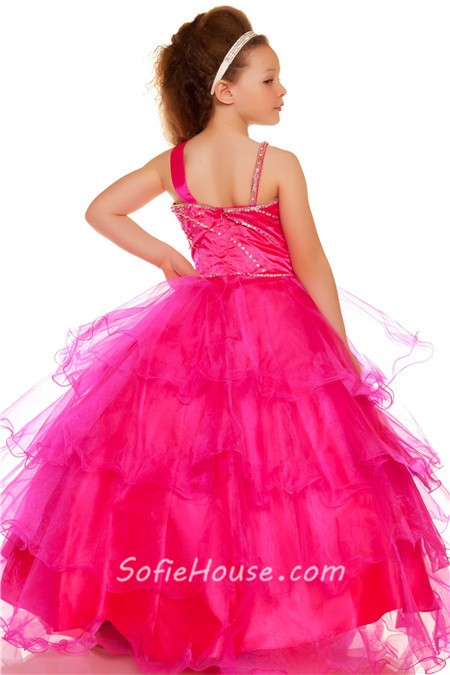 片方の肩ピンクボール階層オーガンザフリルフラワーガールのダンスのドレスのページェント問屋・仕入れ・卸・卸売り