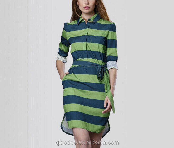 女性古典的な緑色のイングランドウェアブランドストリークプリントチュニックは真似絹プラスサイズドレスシャツのパターン問屋・仕入れ・卸・卸売り