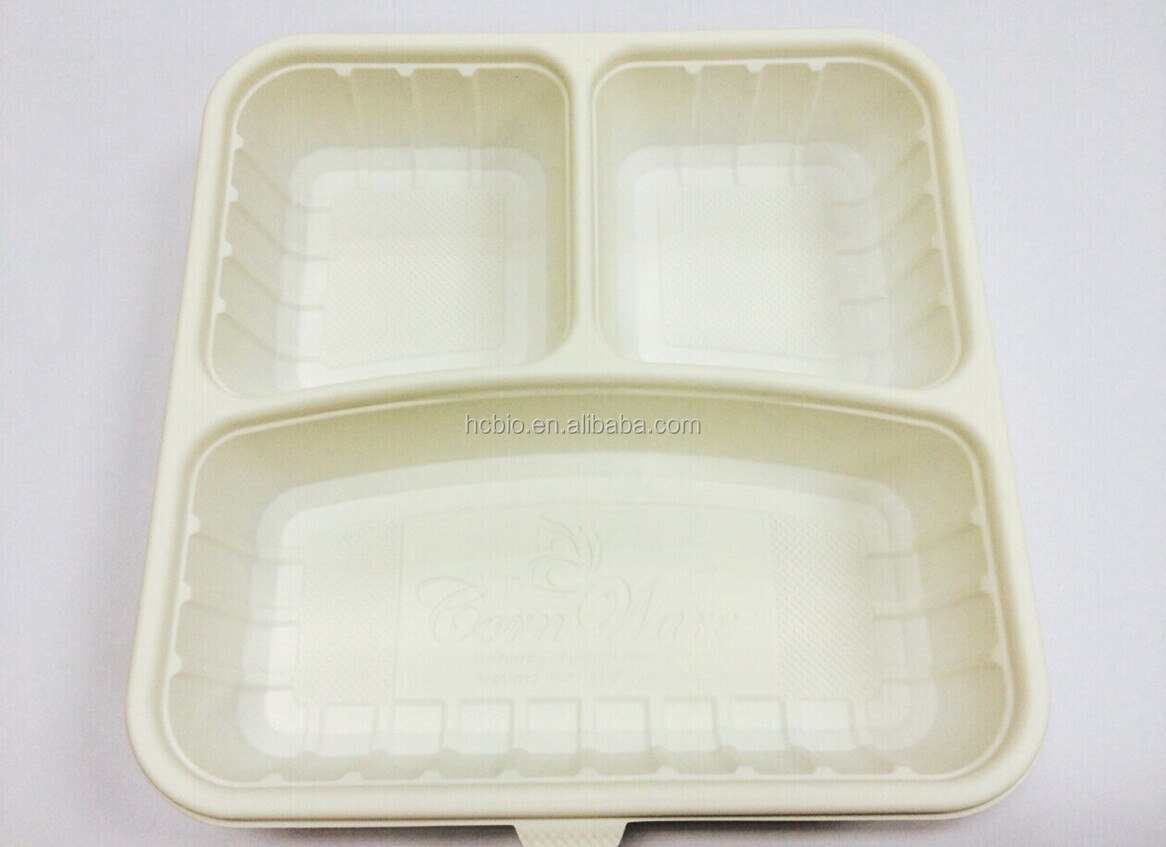 Corn starch 800ml 100% biodegradable disposable plastic lunch box with 3 compartments