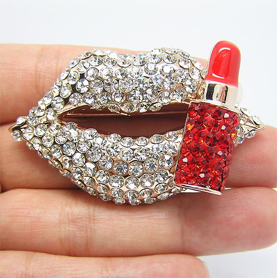 Wholesale Sex Clear Rhinestone Mouth Red Crystal Enamel Lipstick