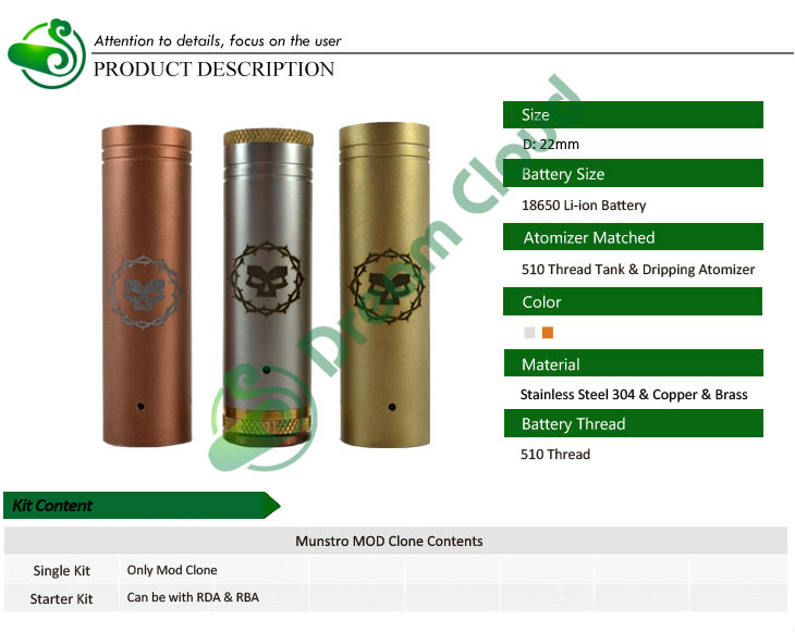 Newest product unique design e cig mechanical 18650 Munstro Mod Clone from Dream Cloud Metal Manufacturer
