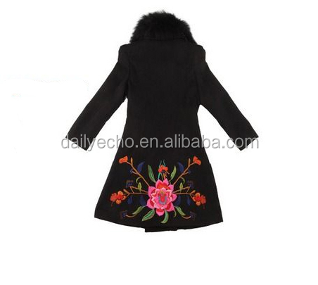 新しい来る2014年高級ブランドカジュアルコート刺繍生き抜く女性暖かいウールのコート毛皮の襟を持つ問屋・仕入れ・卸・卸売り