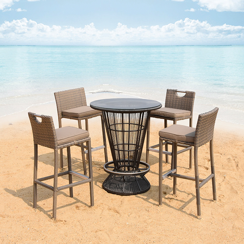 Simple design seaside outdoor leisure furniture outside table and synthetic rattan high stool bar