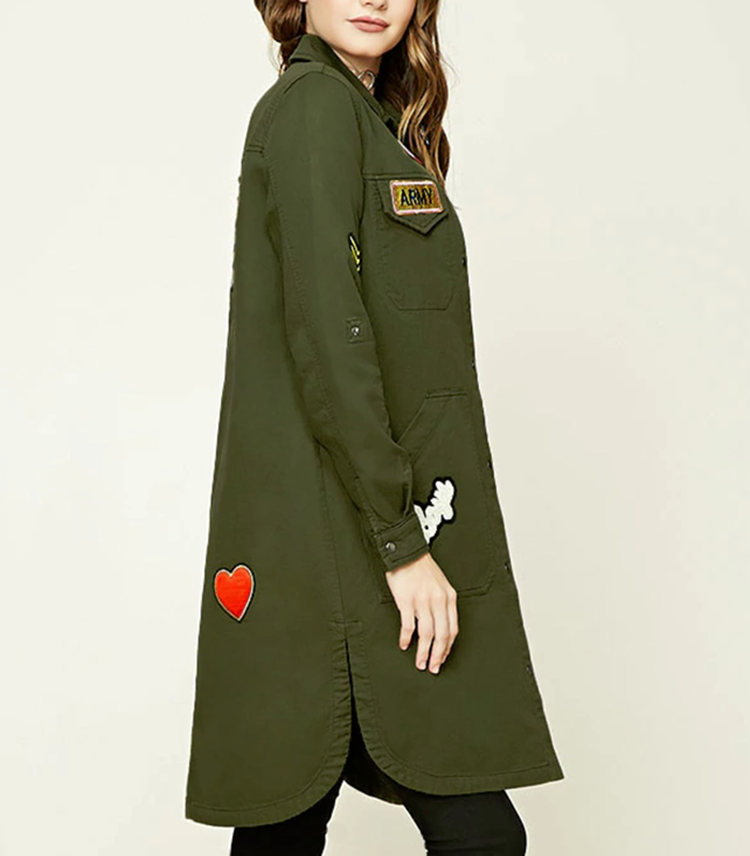 Wholesale Longline Design Women Army Military Green Jacket With Patches