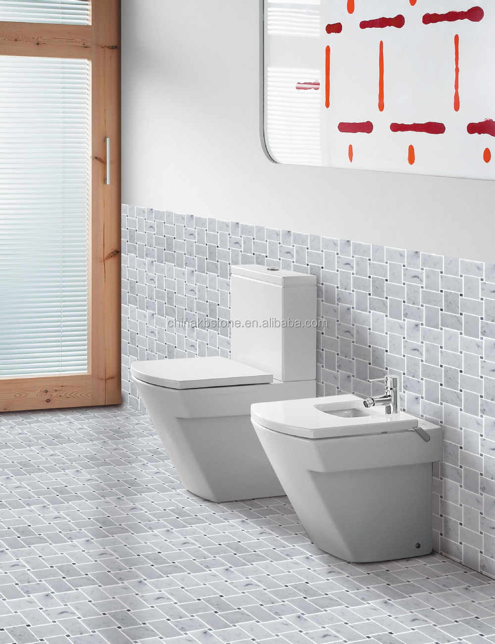 Carrara wit marmeren tegels mozaïek, gevlochten manden ontwerp ...