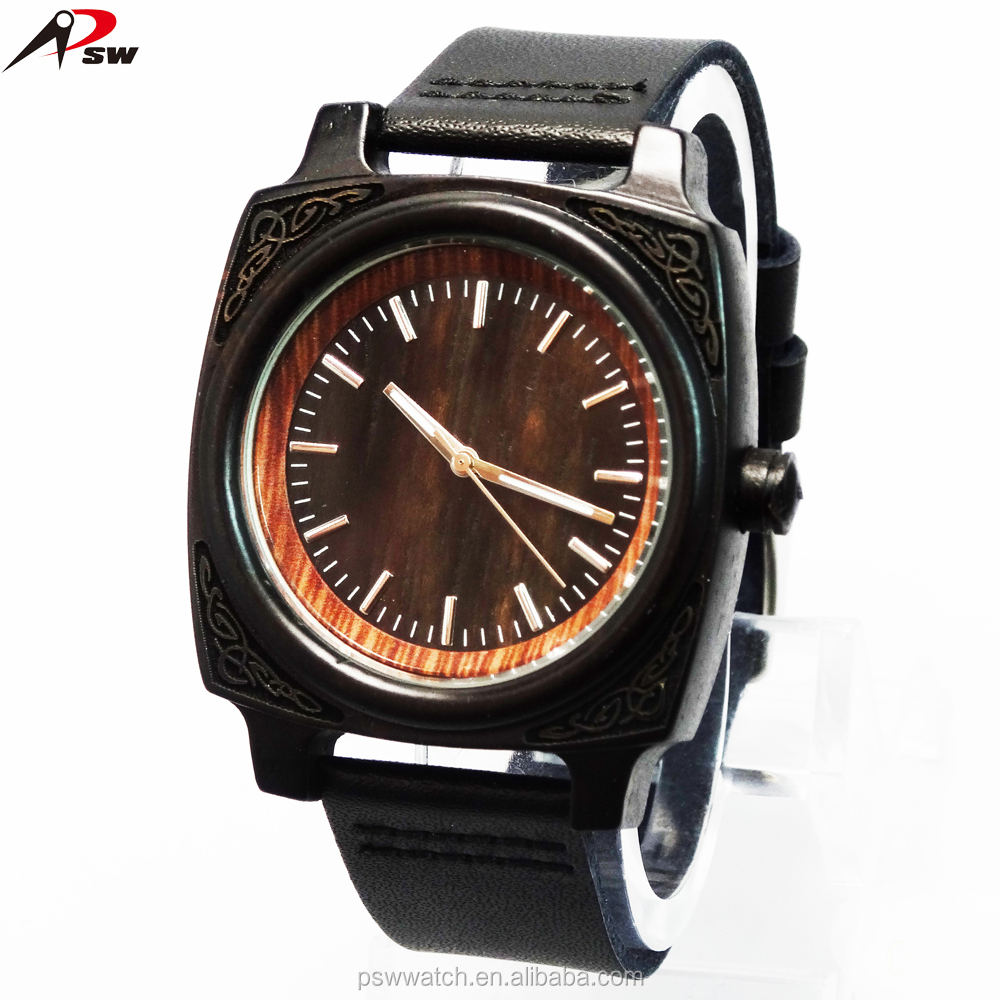 Black leather square shape wood watches, bamboo wood watches