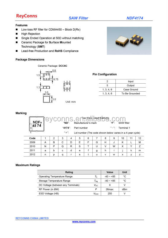 Reyconnsndf4174cdma450ブロックd( rx) 423.75mhzの3.0*3.0mm/dcc6csmdセラミックケース/4.5mhzの帯域幅/2.0db挿入損失仕入れ・メーカー・工場