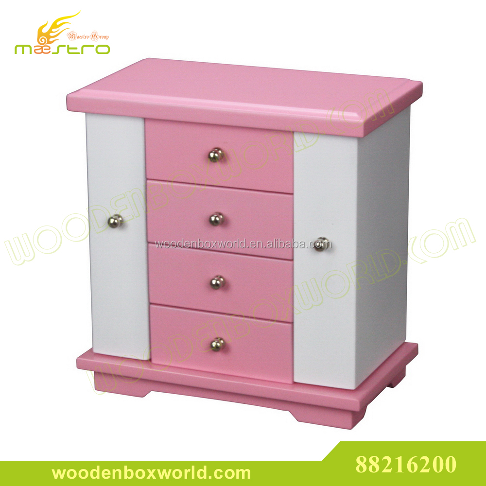 Two Color Pink White Wooden Wardrobe Box Jewelry Organizer Chest