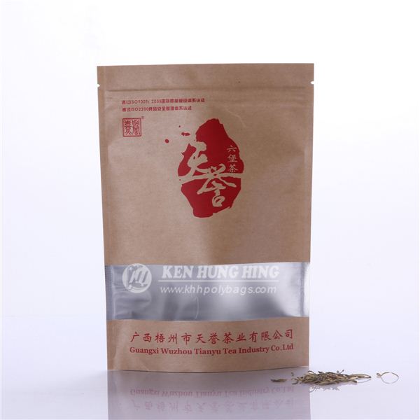 Stand up Zip Lock Kraft Sealable Tea Bags with Window