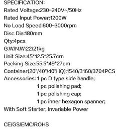 1200w180ミリメートル手動力工具電気自動車の研磨機問屋・仕入れ・卸・卸売り