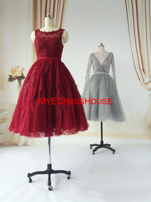 Md15062015myedresshouseによって人気のディープv- ネック長袖イスラム教のふくらはぎ丈銀ビーズのレースのカクテルドレス仕入れ・メーカー・工場