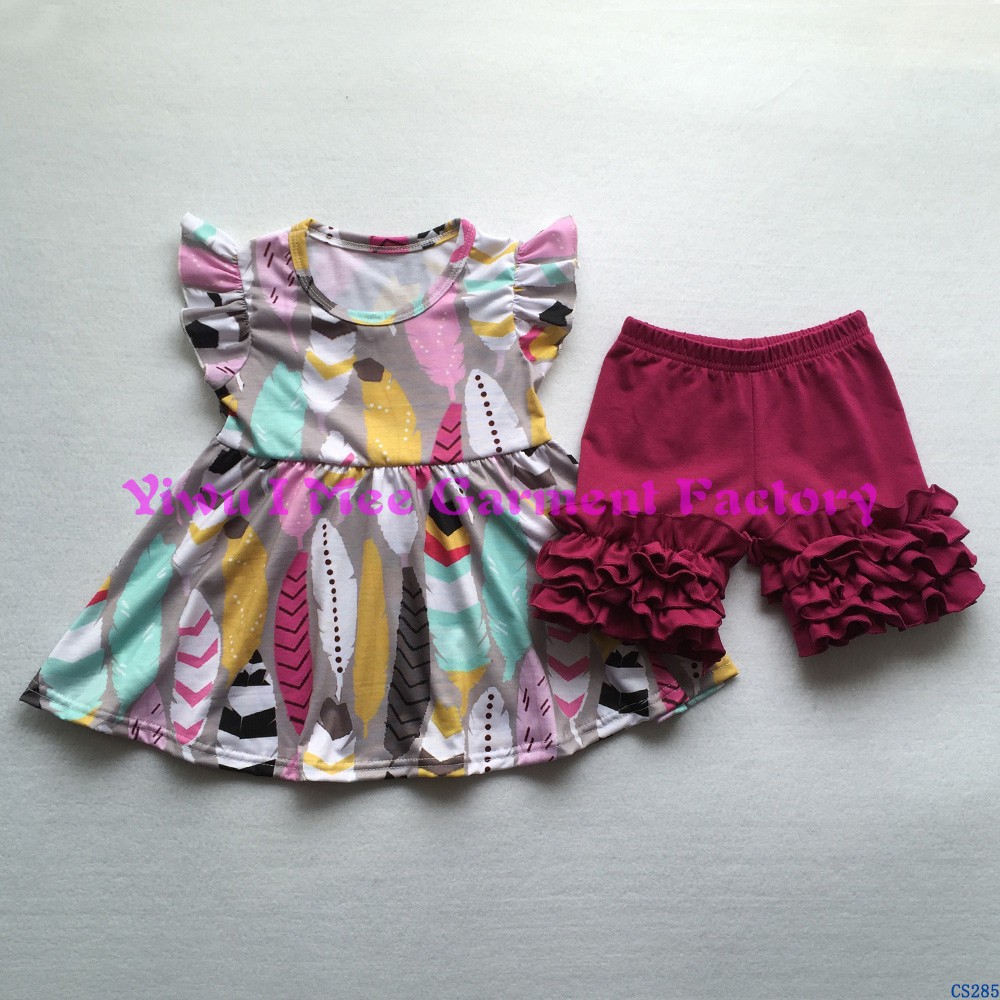 CS292かわいい女の子ブティック夏衣装子供チキン柄フラッタースリーブドレスとアイシングショーツ服セット仕入れ・メーカー・工場