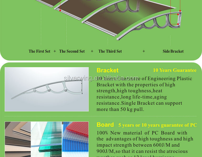 大型プラスチックオーニングポリカーボネート雨のドアキャノピー材料ふたつきプラスチック・1500ミリメートルインジェクションブラケット問屋・仕入れ・卸・卸売り