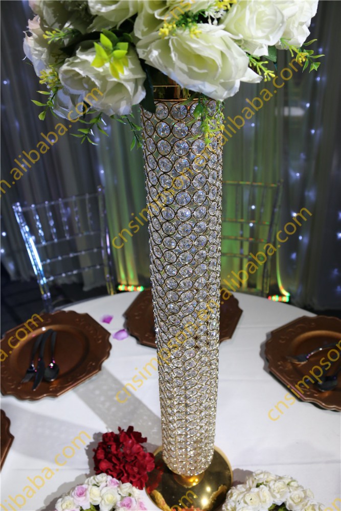 Golden Crystal Beaded Pillar,Crystal Vases For Wedding Centerpieces