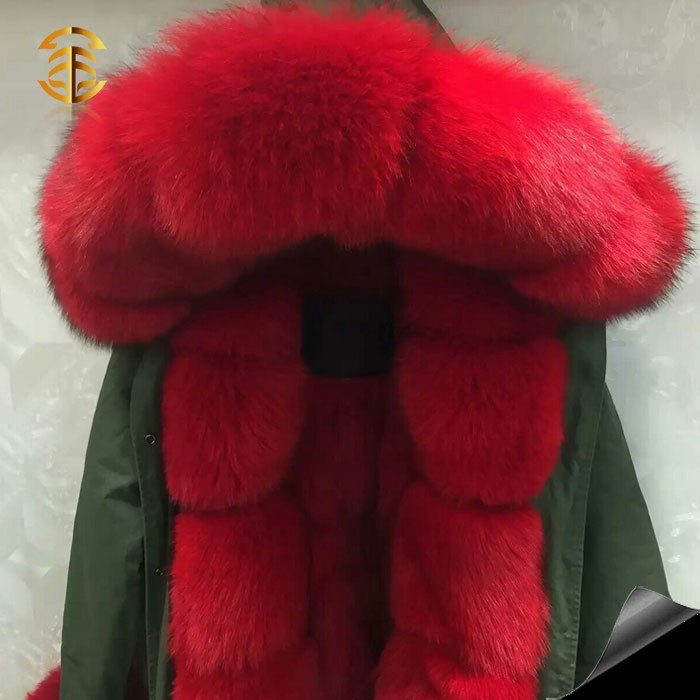 ミリタリーグリーン赤毛皮裏地襟冬キツネの毛皮パーカージャケット用女性仕入れ・メーカー・工場