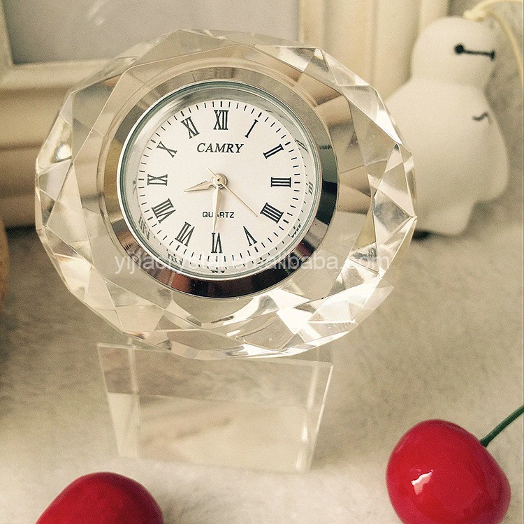 Persionalized Custom Diamond Shape Crystal Clear Quartz Clock With Base