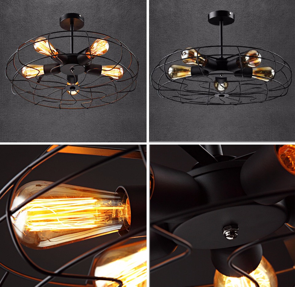 Retro Metal Black 5Light Wrought Iron Black Fan Semi Flush Mount
