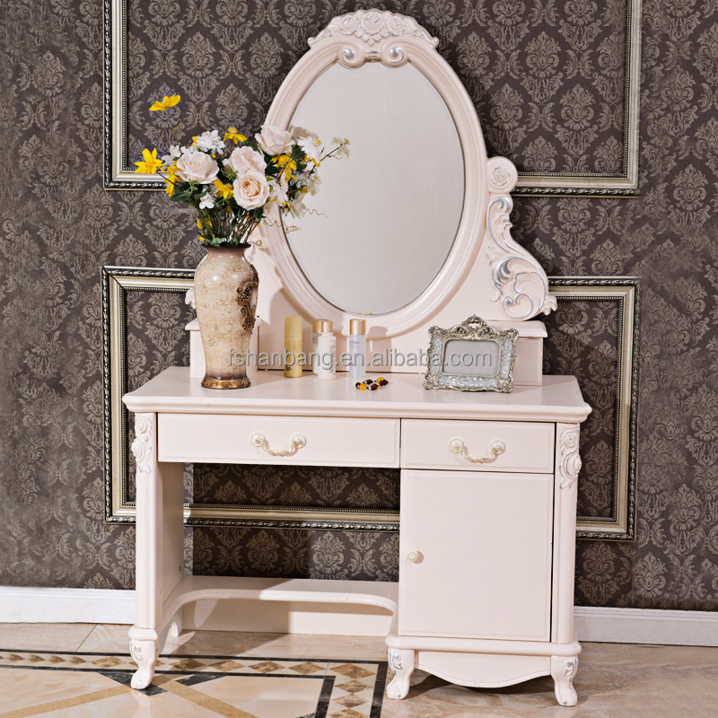 modern  white French Design Wooden dressing table cheval mirror with drawers and stool