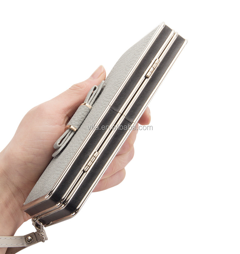 Pu Leather Women Metal Hinge Frame Flat Wallet With Bowknot Buy Flat