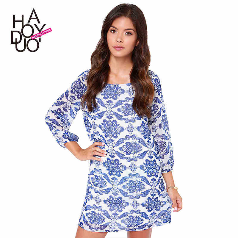 2015 Women Chiffon Long Sleeves Blue and White Porcelain Print Casual Dresses Round Neck with Lining for Wholesale Haoduoyi