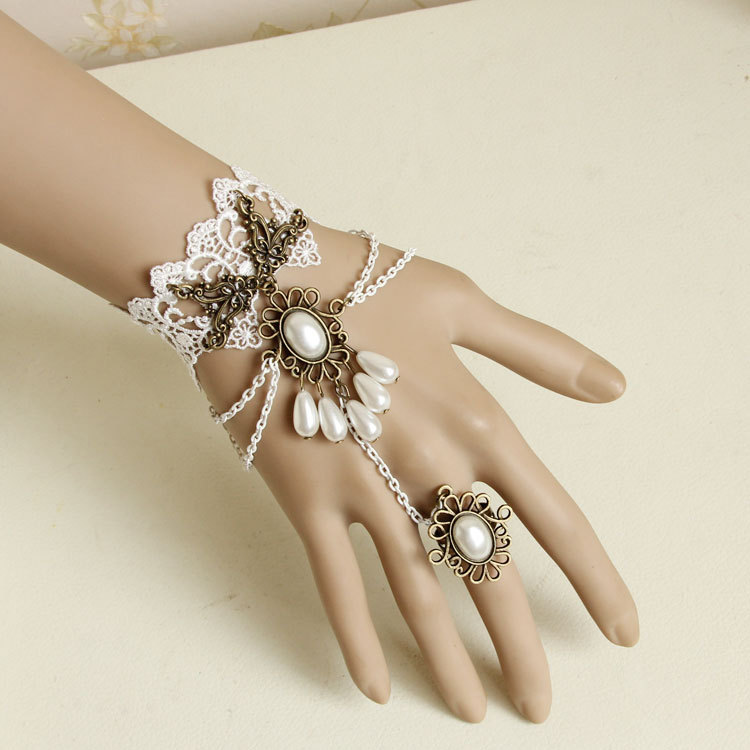 Vintage Hand Harness Lace Slave Bracelet Chain Ring Handmade Vintage Lace Slave Bangle Bride Bracelet