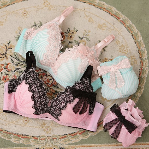 cotton stripe lace bra & panties set push up lingerie young girl cute sexy comfortable underwear bra set()