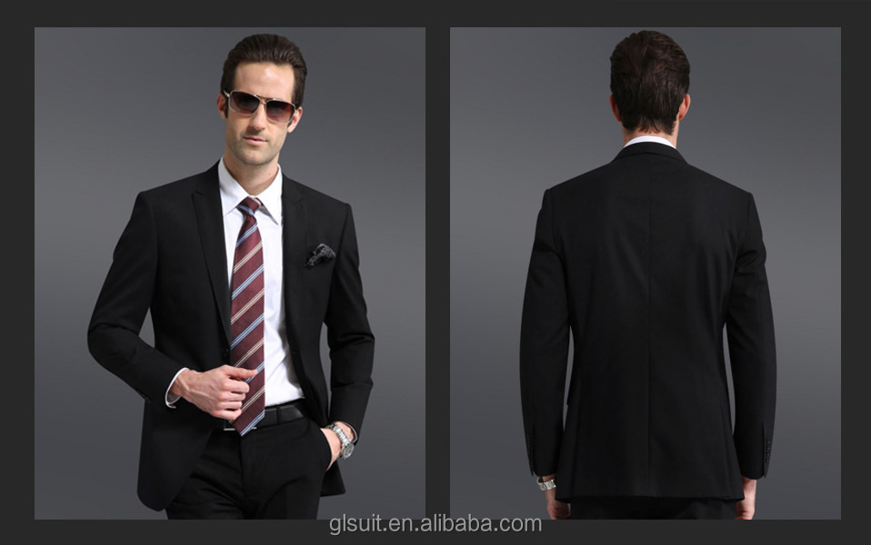 2014年新しいスタイルの男性スリムフィットのスーツ70％ウールピークラペル二つのボタン黒のビジネススーツ問屋・仕入れ・卸・卸売り