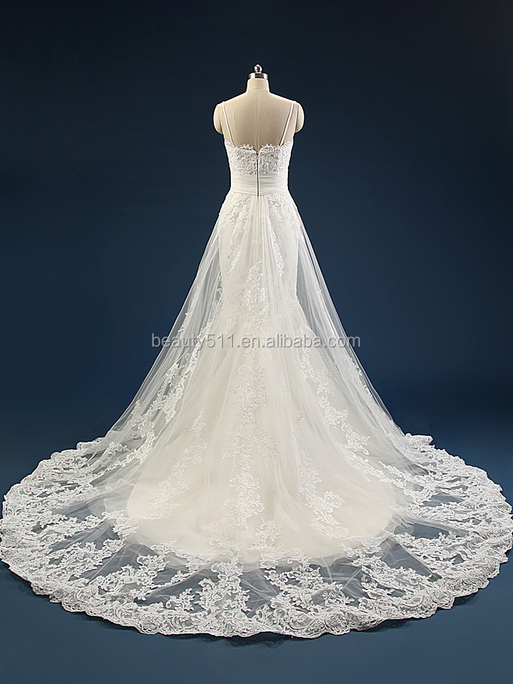 新しいデザイン2015a- ラインスイートハートのアップリケスパゲッティストラップスイープトレインチュールとレースzs15-03ウェディングドレスの花嫁の服仕入れ・メーカー・工場
