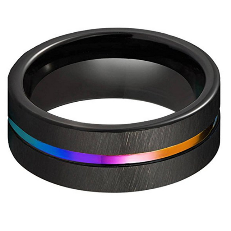 8mm Black New Brushed Wedding Band Colorful Rainbow Tungsten Ring 