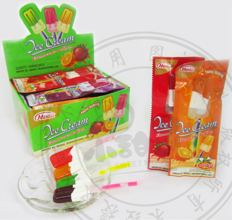 Ice cream with glow stick fruit lollipop candy