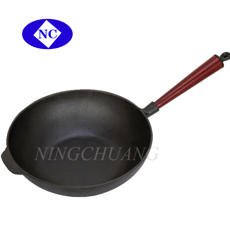 中国の30cm32センチメートル35センチメートル木製ハンドル付きの鋳鉄鍋問屋・仕入れ・卸・卸売り