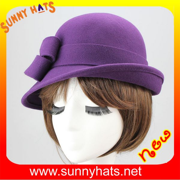 Elegant 100% wool round top felt hats for winter with stripe trim