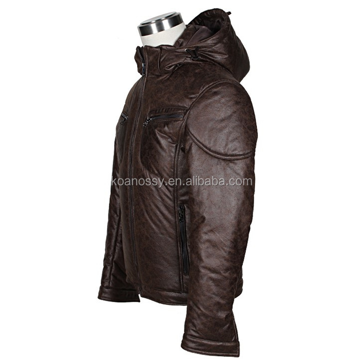 光沢のあるブラウンレザーフード付き冬男性ジャケット上着製造仕入れ・メーカー・工場